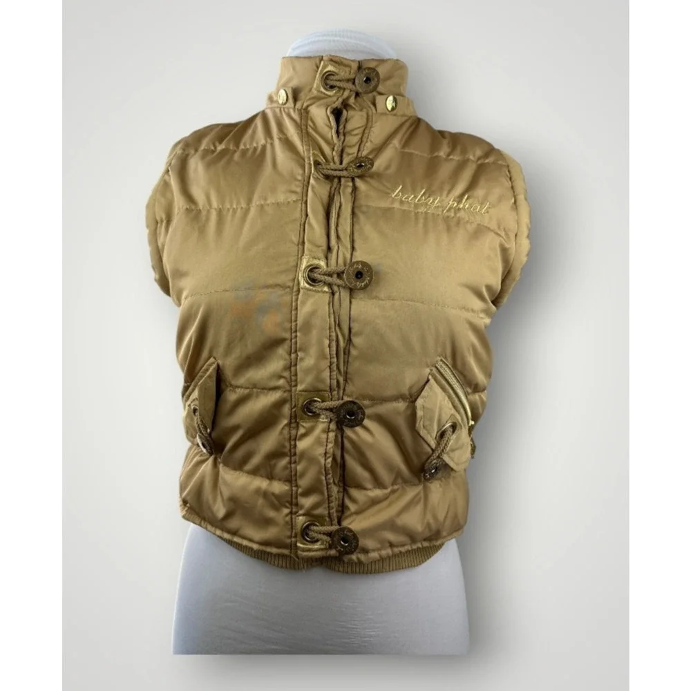Vintage Y2K Baby Phat Feather Down Puffer Vest Gold Button Zip Womens Size Large - Picture 16 of 16
